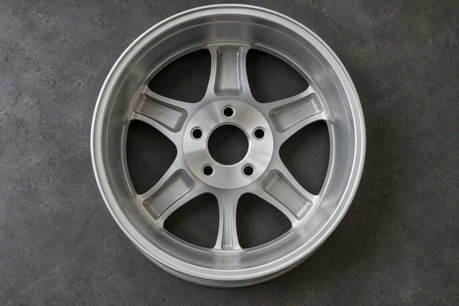 Reverse of a forged wheel showing the machined hub face, five bolt holes on the pitch circle and the centre bore