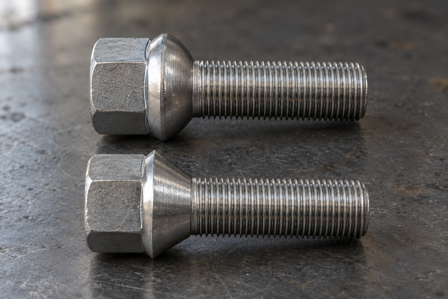 Two wheel bolts side by side, a ball seat bolt above and a cone seat bolt below, showing the difference in seat shape