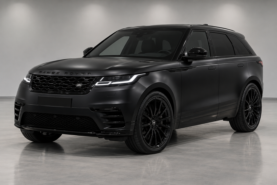 Range Rover Velar in satin black on factory multi spoke alloy wheels, the only Land Rover on a 5x108 bolt pattern